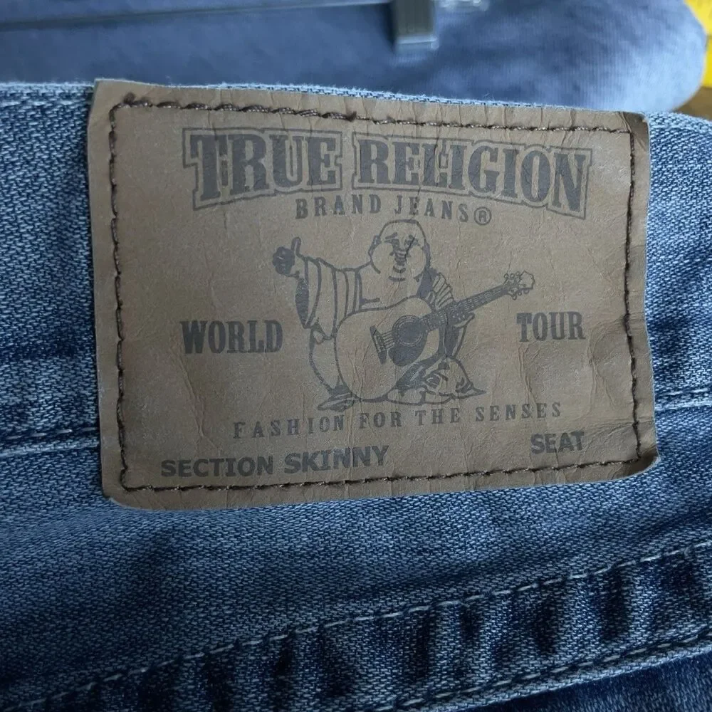 True Religion Skinny Flap Mesh Men’s W28 L34 Blue Jeans With Orange Embroidery